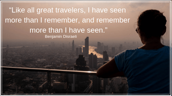 An image at sunset in Bangkok with myself and the text “Like all great travelers, I have seen more than I remember, and remember more than I have seen.