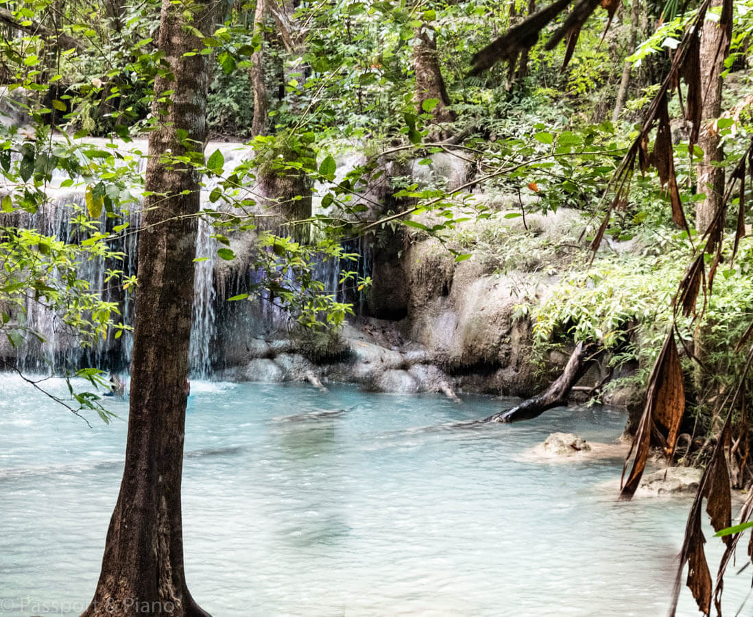 An image of the Turquoise water at Erawan falls.