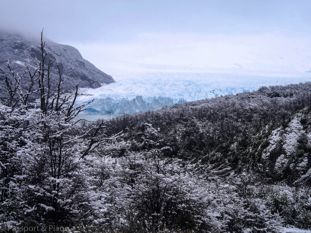 An image of the first sighting you get of the glacier as you drive through Los Glaciares National Park