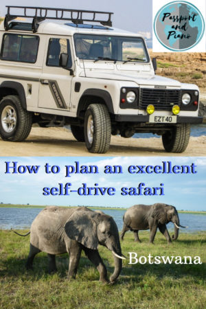 An image of a pin to share to pinterest with a jeep and elephants that reads how to plan an excellent self drive safari Botswana.
