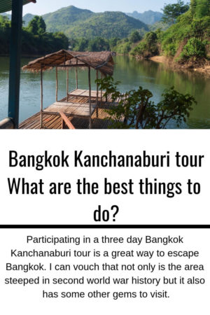 An image of a floating raft on the River Kwai in Thailand and a snippet from the post what are the best things to do on a tour of Kanchanaburi from Bangkok.