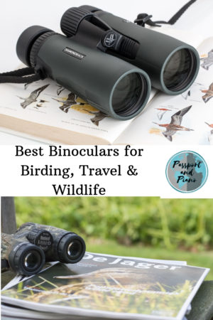 An image of a pin for pinterest that says best binoculars for birding, travel and wildlife, with an image of a pair of binoculars above and below the text.