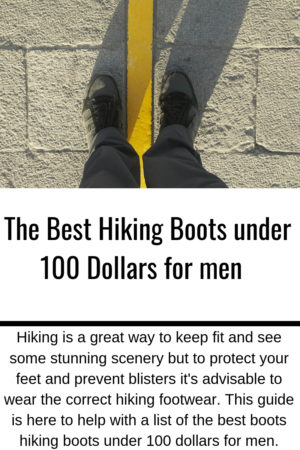 An image of a yellow line and a mans hiking boot on either side with a post snippet headed The Best hiking boots under 100 dollars for men.