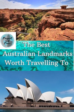 An image of a Pin for Pinterest with 3 Australian Landmarks including, The Great Barrier Reef, King Canyon and Sydney Opera House
