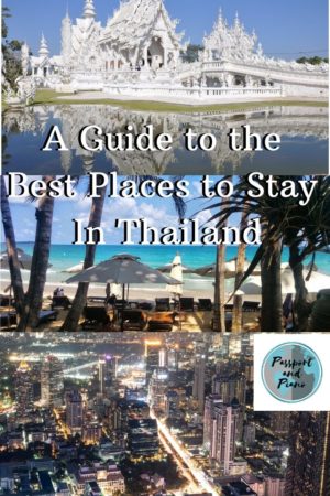 A pin for Pinterest that has an image of the white temple in Thailand, an image of the best beach in Thailand and an image of Bangkok 