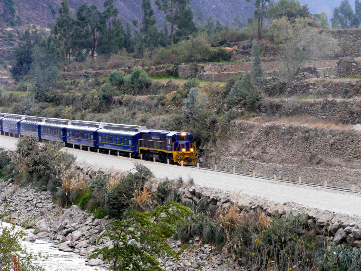 Image of the Inca rail train passing through the valley