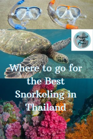 An image of 2 snorkel masks, a turtle and some coral with the text where to go snorkeling in Thailand