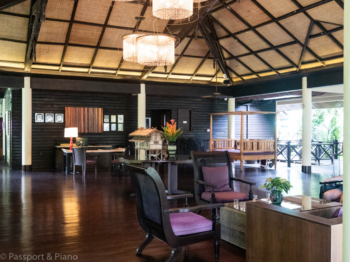 An image of the reception area at the Marriott Mulu national park, Borneo hotel