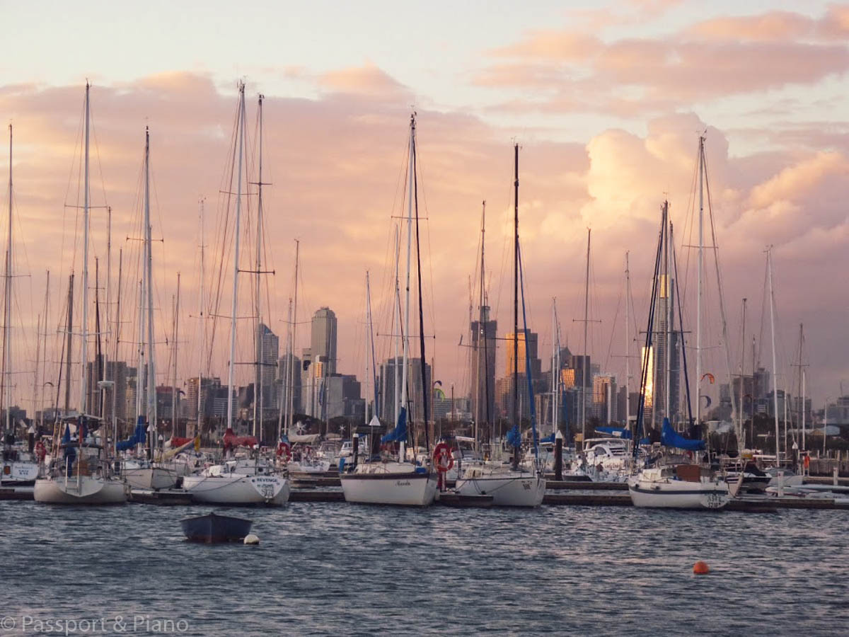 An image of the harbour in St Kilda at sunset