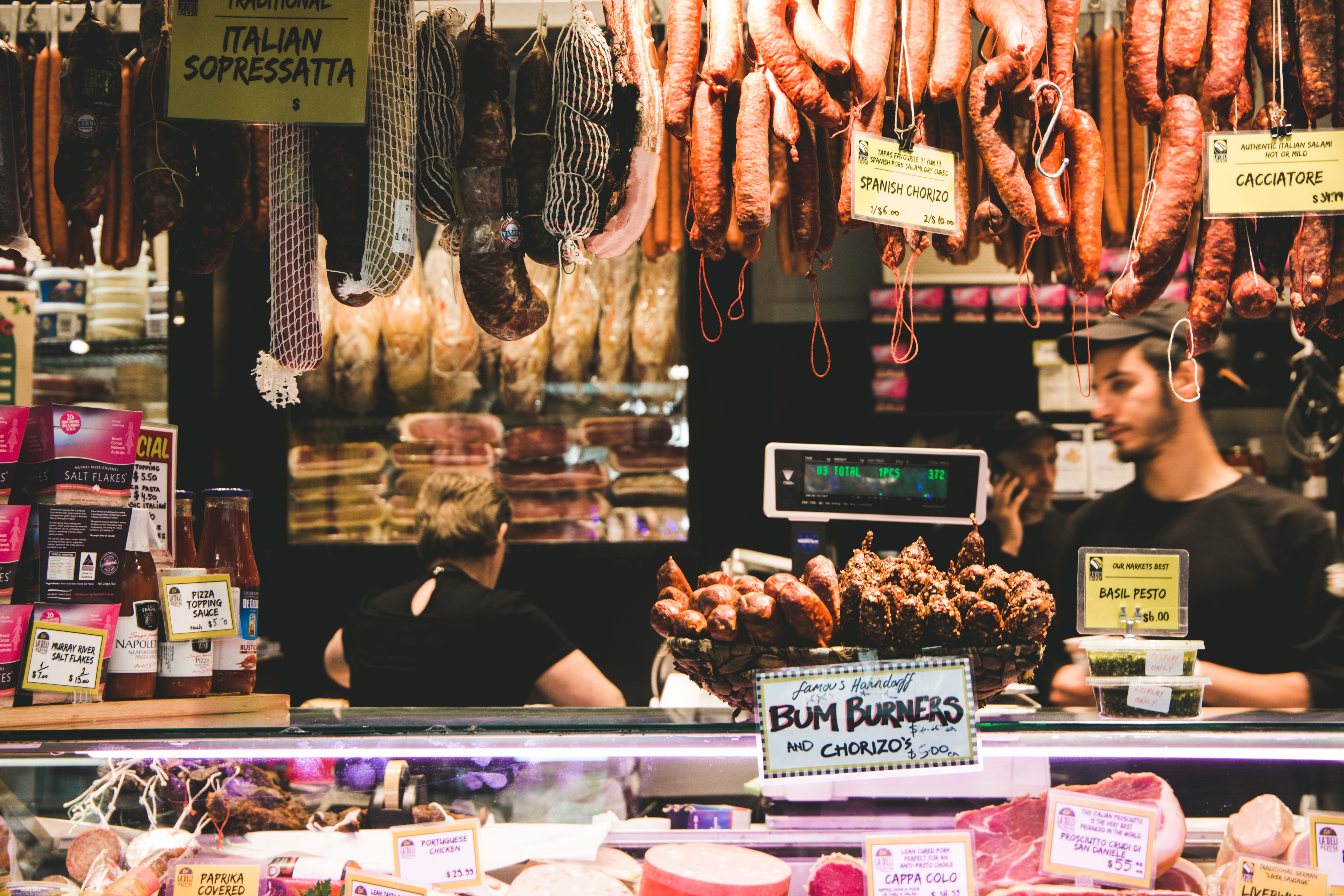 An image of one of the meet stalls at Melbourne Queen Victoria Market