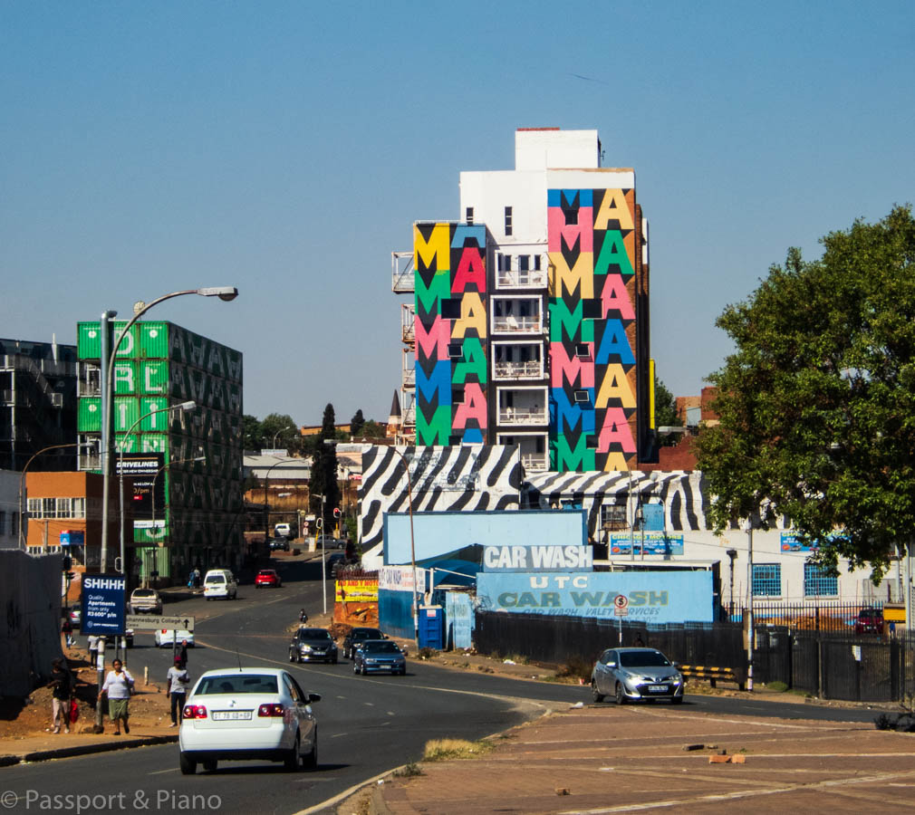 An image of one of the colour buildings in Maboneng