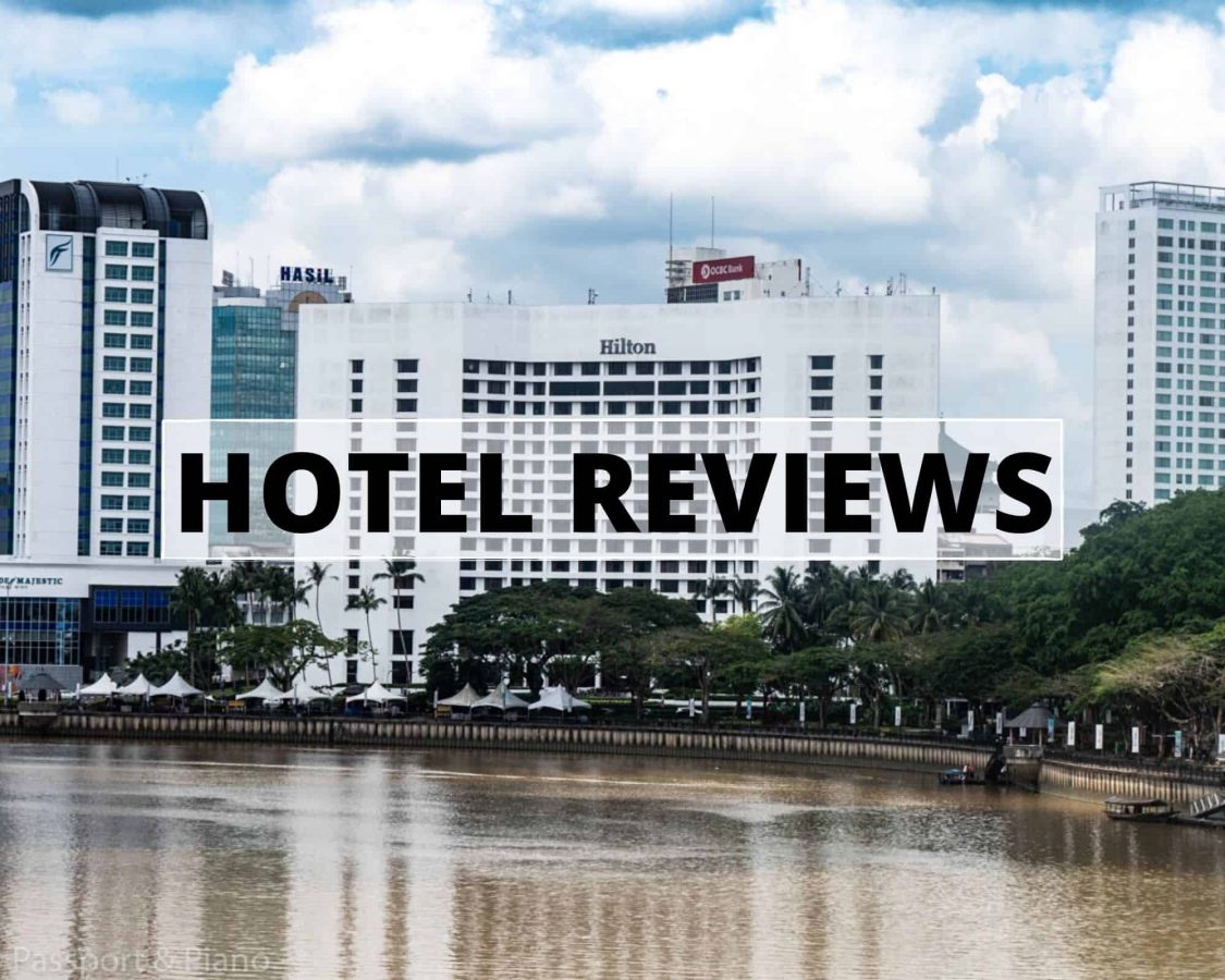 An image of the Hilton Hotel in Kuching with the text hotel reviews