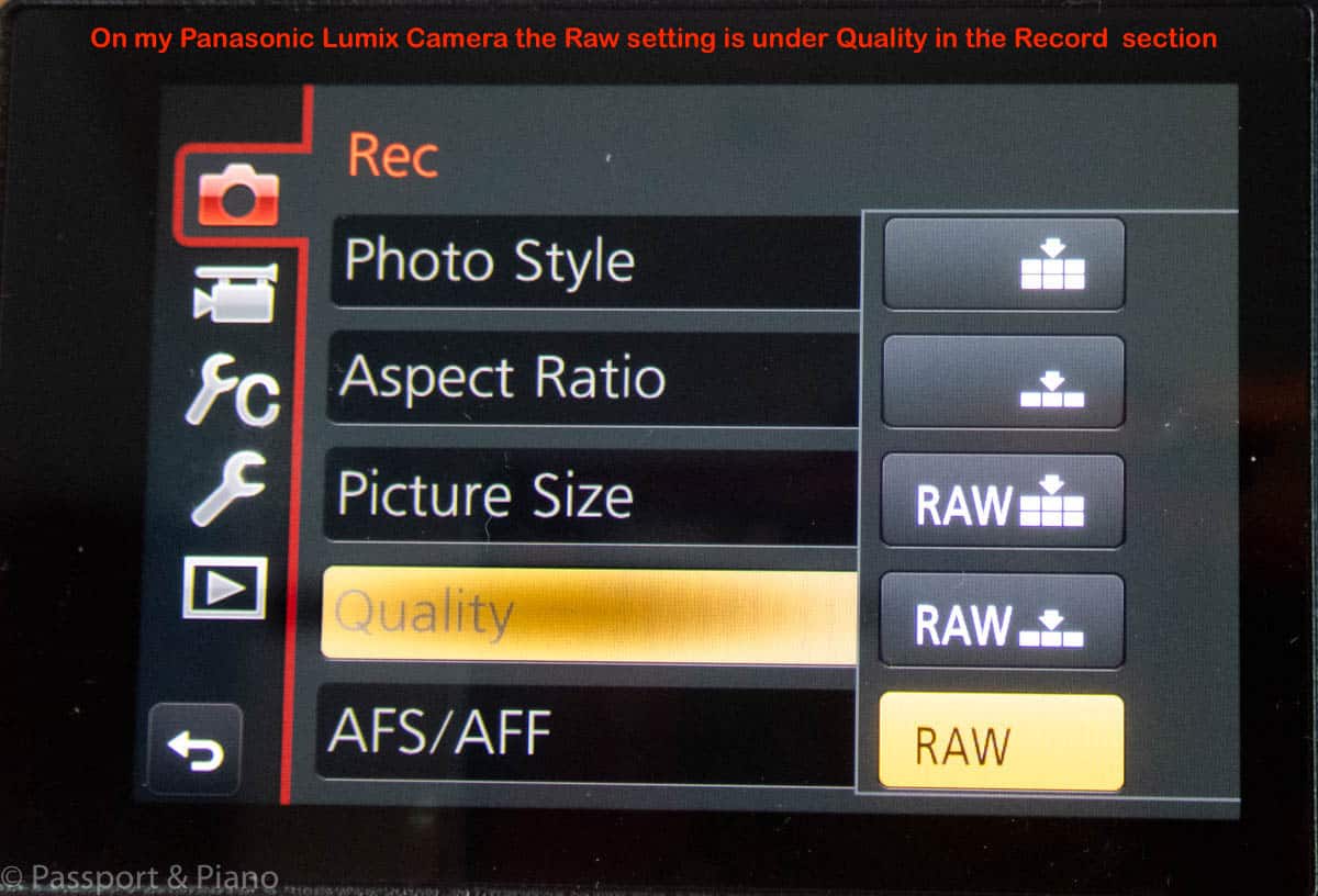 An image of how to find the raw format for aurora borealis camera setting