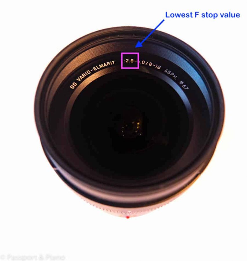 An image of a lens showing the lowest f stop number to look for when buying the best lens for aurora borealis