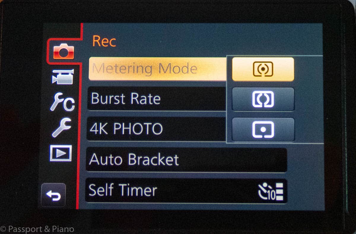 An image of the metering mode setting on a Panasonic Lumix GH 4, the setting which determines the correct exposure for your photos of aurora